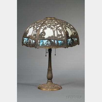 Brass Plated Cast Iron Table Lamp with Hexagonal Metal Overlaid Slag Glass Bent Panel Shade