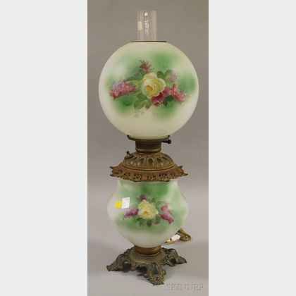 Late Victorian Rose-decorated Glass and Metal Gone-with-the-Wind Kerosene Table Lamp
