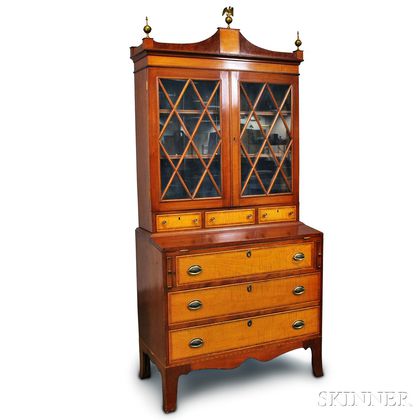 Federal-style Inlaid Mahogany and Tiger Maple Desk/Bookcase