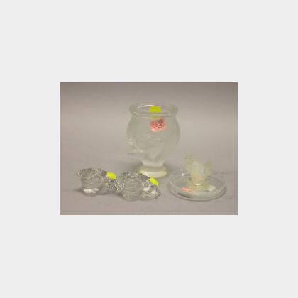 Lalique Frosted Glass Vase, Lalique Opalescent Glass Turkey Figural Ring Dish, and a Pair of Baccarat Colorless Glass Foo Dogs. 