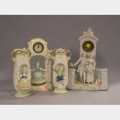 Three-Piece China Figural Clock Garniture Set, a Parian Figural Group Clock, and an Ansonia Clock Co. Pressed Wood Gingerbread Shelf Cl