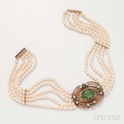 Five-strand Cultured Pearl, 14kt Gold, and Jadeite Choker