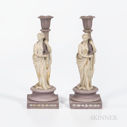 Two Wedgwood Lilac and White Jasper Candlesticks