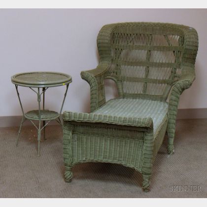 Green-painted Woven Wicker Chaise and a Stand. 