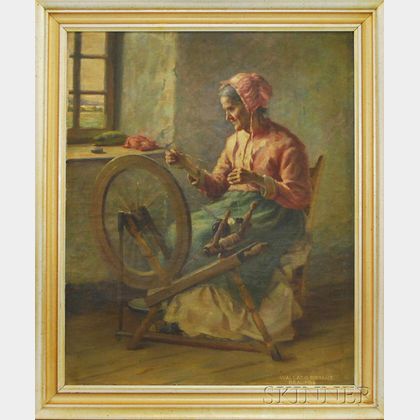 Wallace Bryant Beaupre Oil on Canvas Interior Scene of a Woman Spinning Wool