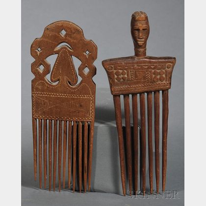 Two African Carved Wood Combs