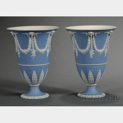 Pair of Wedgwood Light Blue Jasper Dip Vases and Covers