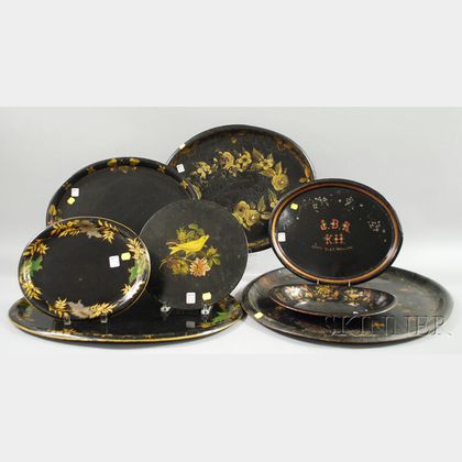 Six Painted and Stencil-decorated Oval Tole Trays, a Bread Bowl, and Polychrome Painted Bird and Floral-decorated Circular Slate Plaque