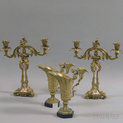 Pair of Brass and Porcelain Candelabra and a Pair of Gothic-style Brass Ewers