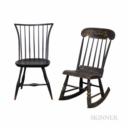 Two Windsor Chairs, a Black-painted Rocking Chair, and a Queen Anne Maple Side Chair. Estimate $200-300