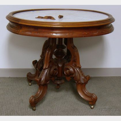 Victorian Renaissance Revival Oval White Marble-top Carved Walnut Center Table