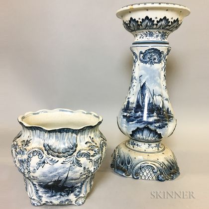 Delft Blue and White Ceramic Jardiniere and Stand