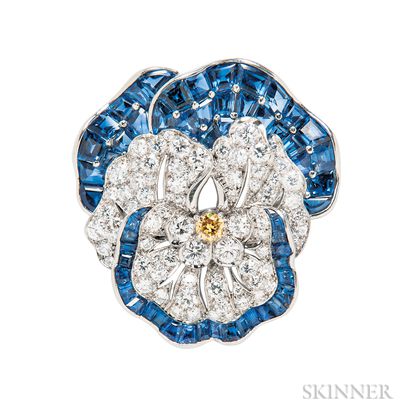 Platinum, Sapphire, Colored Diamond, and Diamond Pansy Brooch, Attributed to Oscar Heyman, Retailed by Udall & Ballou