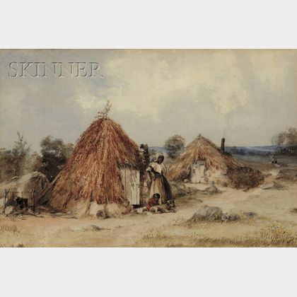 Attributed to Charles H. Parsons (American, 1821-1910) Two Figures by a Thatched Hut
