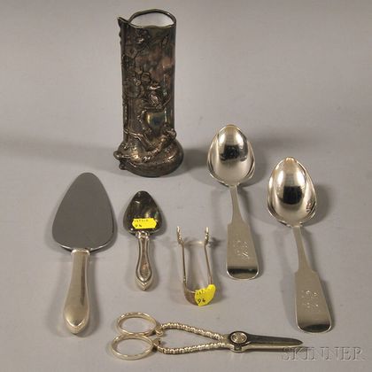 Six Silver and Silver-handled Flatware Serving Items and a Silver-clad Vase