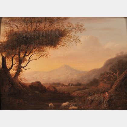 British School, 19th Century Day's End/Shepherd with Sheep in a Panoramic Landscape