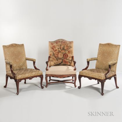 Louis XIV-style Tapestry-upholstered Walnut Fauteuil and a Pair of Armchairs