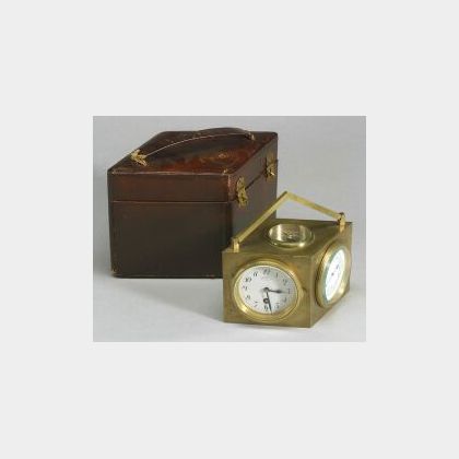 French Bronze Carriage Timepiece with Barometer, Dual Thermometer, and Compass