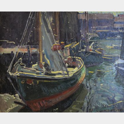 Attributed to William Lester Stevens (American, 1888-1969) Fishing Vessels at a Wharf