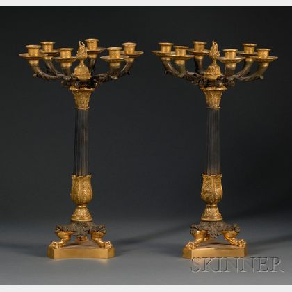 Pair of Empire-style Parcel-gilt Bronze Five-light Candelabra