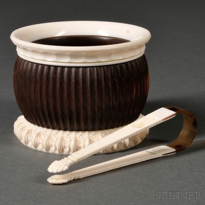 Ornamentally Turned Cocobolo and Ivory Sugar Bowl and Tongs