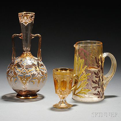 Three Pieces of Moser-type Enameled Amber-colored Glass