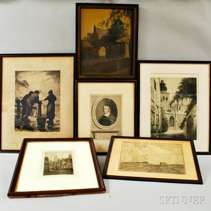Adriaan Barnouw (American/Dutch, 1877-1968) Oil on Board and Five Framed European Engravings and Etchings. Estimate $100-200