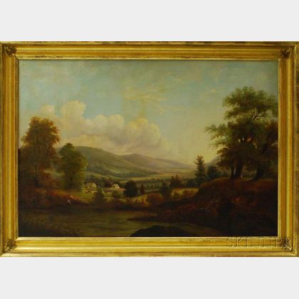 Hudson River School, 19th Century Valley Landscape with Pond and Farm.