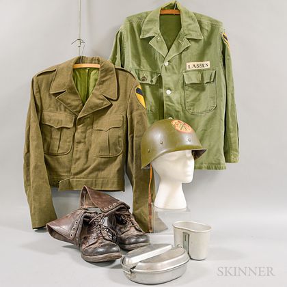 WWII Uniform, Hat, Canteen, and a Pair of Boots. Estimate $150-250