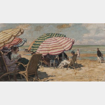 René François Xavier Prinet (French, 1861-1946) Figures at Leisure Under Striped Beach Umbrellas