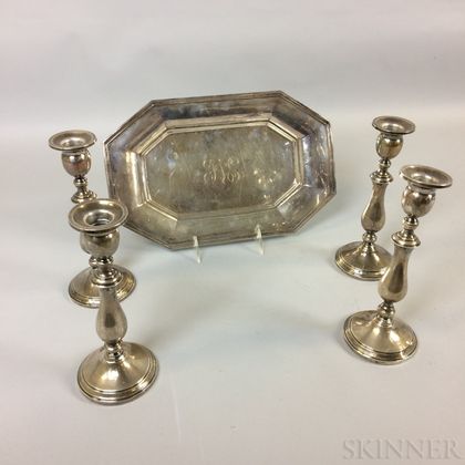 Set of Four Frank Whiting Weighted Sterling Candlesticks and a Monogrammed Dominick & Haff Sterling Silver Tray