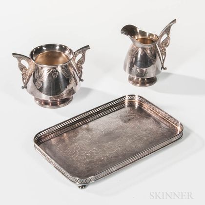 Tiffany & Co. "Persian" Sterling Silver Sugar and Creamer and a Sheffield Silver-plated Reticulated Footed Tray