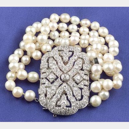 Platinum, Natural Pearl, and Diamond Five-Strand Bracelet