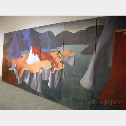 James Meikle Guy (American, 1909-1983) Surrealist Mountain Landscape / A Six-Panel Mural