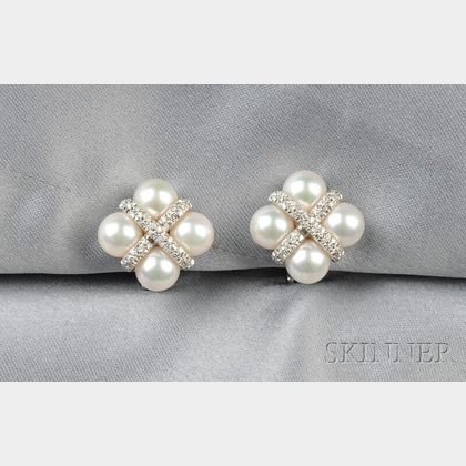 18kt White Gold, Cultured Pearl, and Diamond Earclips, Mikimoto