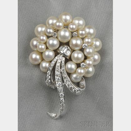 14kt White Gold, Cultured Pearl, and Diamond Pendant/Brooch