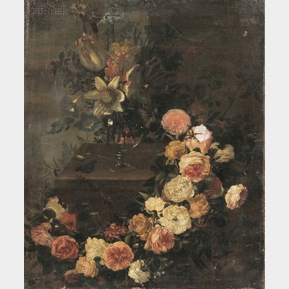 School of Gaspar Pieter Verbruggen the Elder (Flemish, 1635-1687) Floral Still Life with Vase and Garland