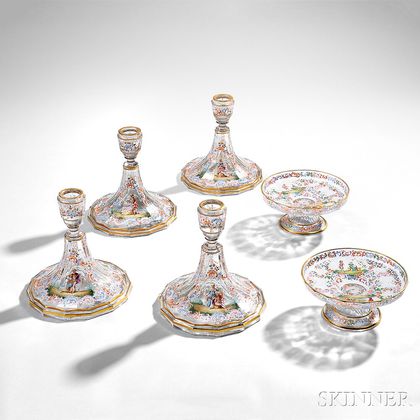 Six Pieces of Lobmeyr Parcel-gilt and Polychrome-enameled Glass Tableware