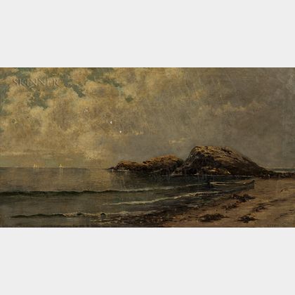 Samuel S. Carr (American, 1837-1908) Serene Coast with Shoreline Rocks and Distant Sailboats