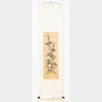 Scroll Painting Depicting Multicolored Flowers