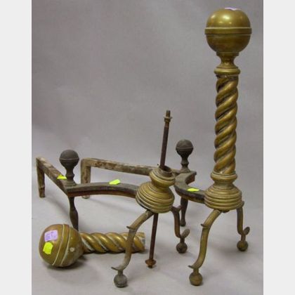 Pair of Brass Belted Ball-top and Spiral Turned Andirons.