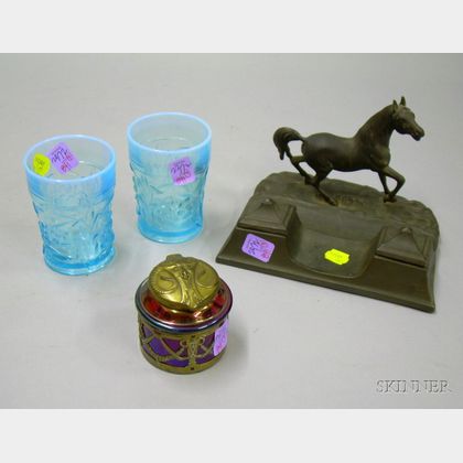 Cast Metal Horse Figural Double Inkwell, a Pair of Opalescent Blue Pressed Glass Tumblers, and an Art Nouveau M... 