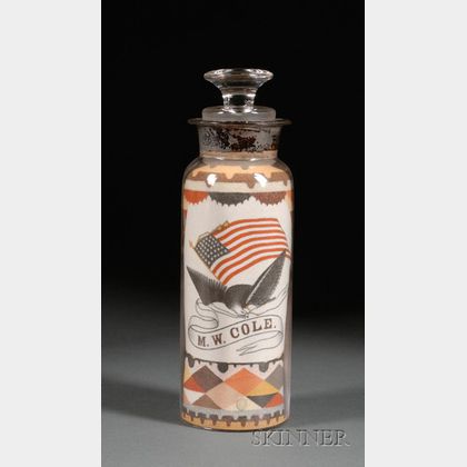 Sand Picture in a Glass Bottle with American Eagle, Flag, and Urn of Flowers