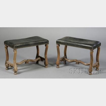 Pair of Baroque-style Leather-upholstered Stools