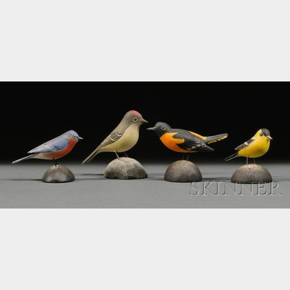 Four Carved and Painted Miniature Songbirds
