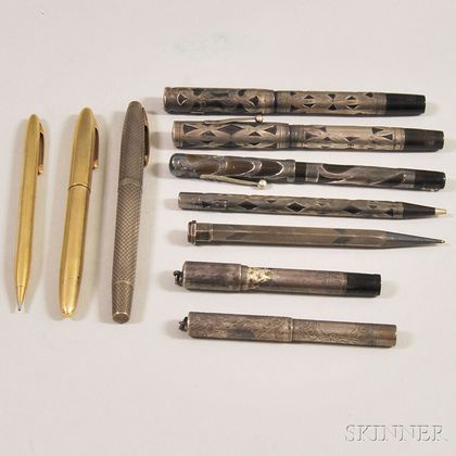 Ten Vintage Sterling Silver, Sterling Silver Overlay, and 14kt Gold Fountain Pens and Mechanical Pencils