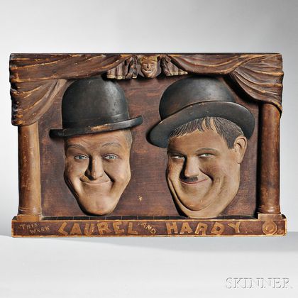 Carved and Stained Pine Laurel & Hardy Sign