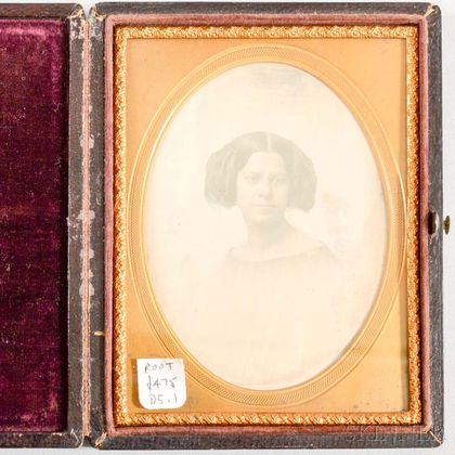 Cased Root Gallery Quarter-plate Daguerreotype of a Young Woman. Estimate $200-250