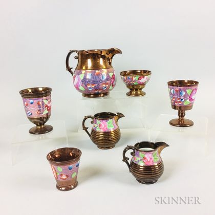 Seven Enameled Copper Lustre Ceramic Tableware Items