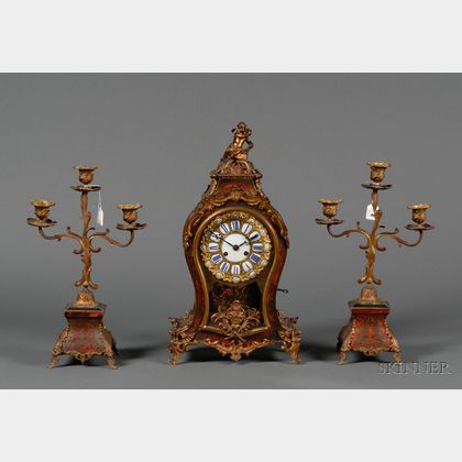 Three Piece Louis XV/XVI-style Boullework and Ormolu Clock Garniture